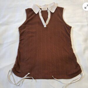 Jennifer Lauren Womens 1X Sleeveless Top Brown Ribbed V Neck Striped Trim A21